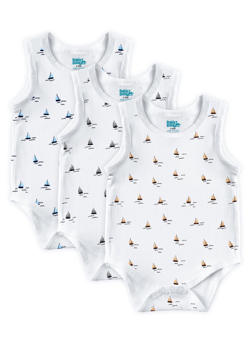 Babies Basic BabiesBasic 100% Super Combed Cotton, Sleeveless Romper/Bodysuit, for New Born to 24months. Set of 3 - Printed  - Image 1