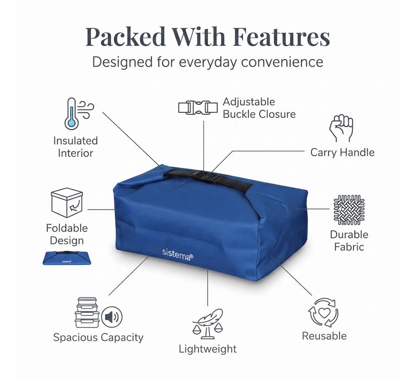 Sistema Insulated Lunch Bag Blue – Reusable Lunch Cooler Bag with Thermal Insulation, Lightweight Portable Lunch Tote for School, Office, Picnic, Travel & Meal Prep Food Storage - Image 4