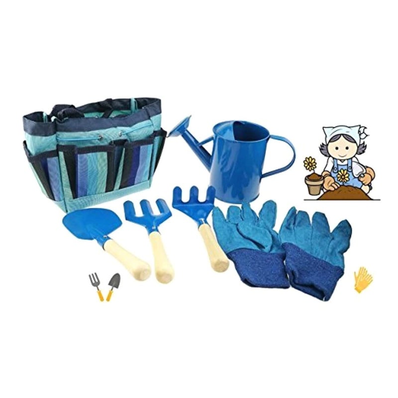 Apol Gardening Tool Set for Kids Children Includes Watering Can Gloves Shovel Rake Fork and Carry Bag Girls Boys Gift Blue