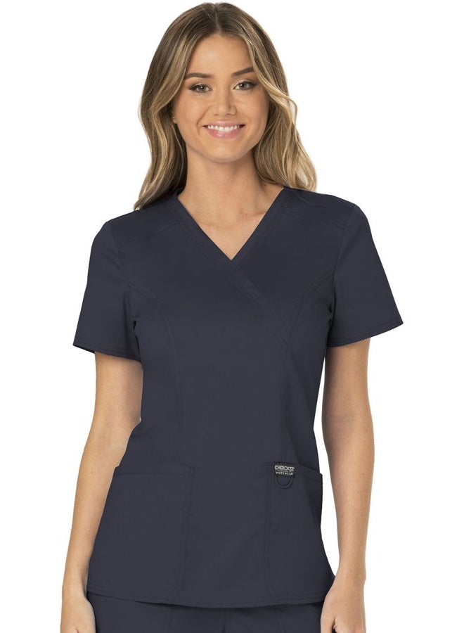 Cherokee Scrub Set for Women, Mock Wrap Top & Mid Rise Straight Leg Pant, Ultra Soft 2-Way Stretch Medical Uniform - CK00040C, L, Pewter - Image 2