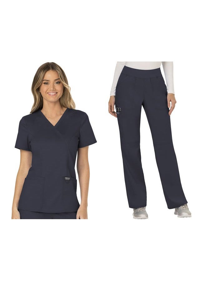 Cherokee Scrub Set for Women, Mock Wrap Top & Mid Rise Straight Leg Pant, Ultra Soft 2-Way Stretch Medical Uniform - CK00040C, L, Pewter - Image 1