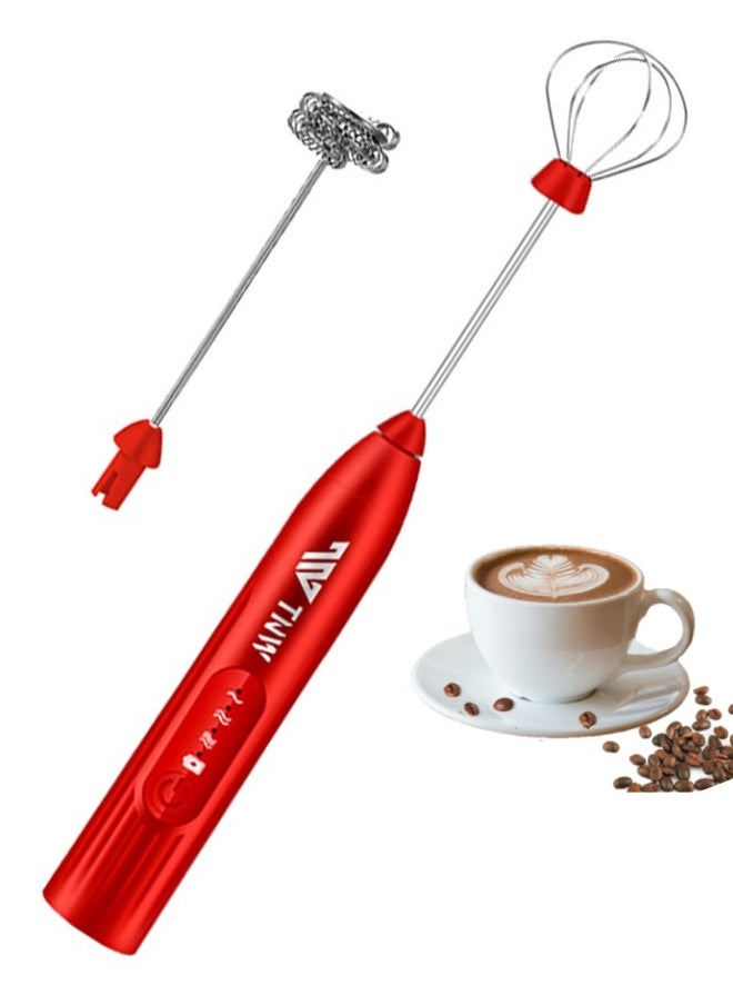 TNW - Milk Frother, Mini Handheld Electric Whisk Portable Coffee Frother with 2 Spring Whisks, 3-Speed, Rechargeable Foam Maker Beverage Mixer for Coffee, Latte, Matcha, Cappuccino and Hot Chocolates (Red) - Image 1
