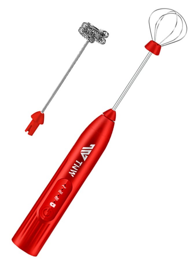 TNW - Milk Frother, Mini Handheld Electric Whisk Portable Coffee Frother with 2 Spring Whisks, 3-Speed, Rechargeable Foam Maker Beverage Mixer for Coffee, Latte, Matcha, Cappuccino and Hot Chocolates (Red) - Image 1