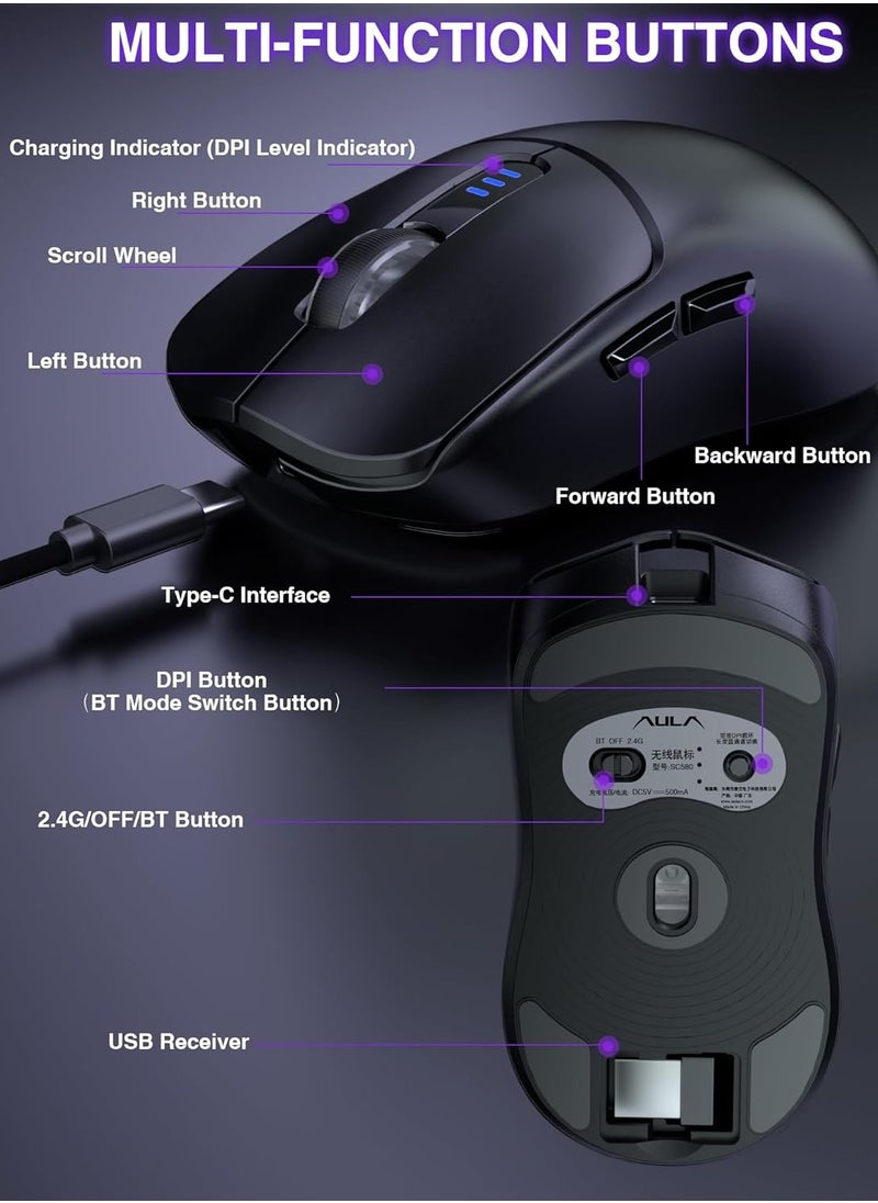 SC580 Tri-Mode Gaming Mouse, 2.4G/BT5.0/USB-C Lightweight Gaming Mouse, 12000 DPI Rechargeable Wireless Mouse with 6 Programmable Buttons, Ergonomic Computer Mouse for Laptop/PC/Mac/Tablet,Black