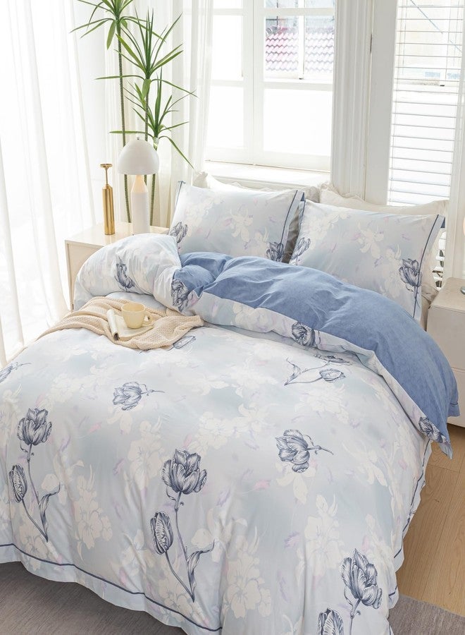 OAITE Duvet Cover Set King Size Floral Pattern 500 Thread Count Ultra Soft 100% Cotton Duvet Cover Sets 3-PC, Breathable Duvet Cover with Zipper Closure & Corner Ties - Image 2