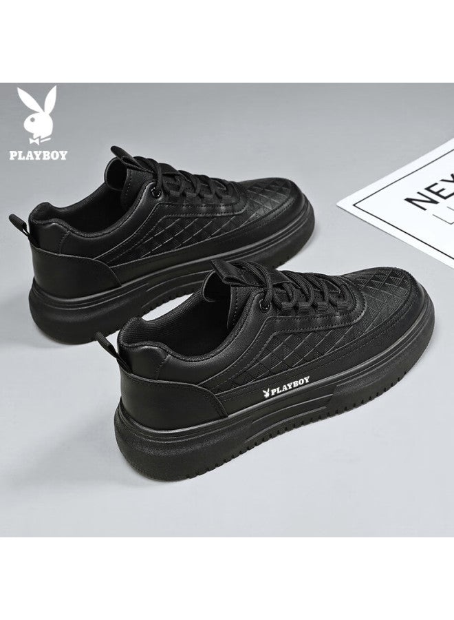 Playboy Men's Shoes Spring Summer Casual White Sneakers Men's Casual Skate Shoes Versatile Thick-soled Sports Shoes Trendy Black Size 39 - Image 1