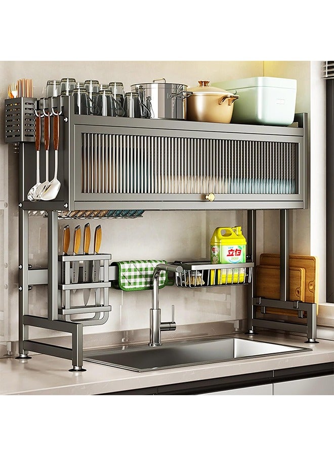 تايمي مجفف صحون - رف تجفيف الأطباق فوق الحوض بثلاثة مستويات مع غطاء - منظم مطبخ وحامل اطباق وادوات المائدة موفر للمساحة مقاس 85سم اسود - Image 2