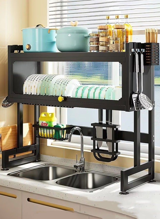تايمي مجفف صحون - رف تجفيف الأطباق فوق الحوض بثلاثة مستويات مع غطاء - منظم مطبخ وحامل اطباق وادوات المائدة موفر للمساحة مقاس 85سم اسود - Image 3