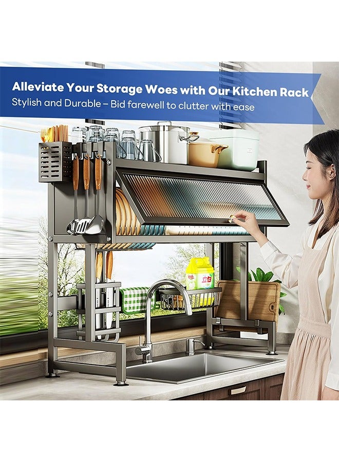 تايمي مجفف صحون - رف تجفيف الأطباق فوق الحوض بثلاثة مستويات مع غطاء - منظم مطبخ وحامل اطباق وادوات المائدة موفر للمساحة مقاس 85سم اسود - Image 5