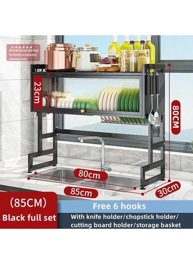 تايمي مجفف صحون - رف تجفيف الأطباق فوق الحوض بثلاثة مستويات مع غطاء - منظم مطبخ وحامل اطباق وادوات المائدة موفر للمساحة مقاس 85سم اسود - Image 4