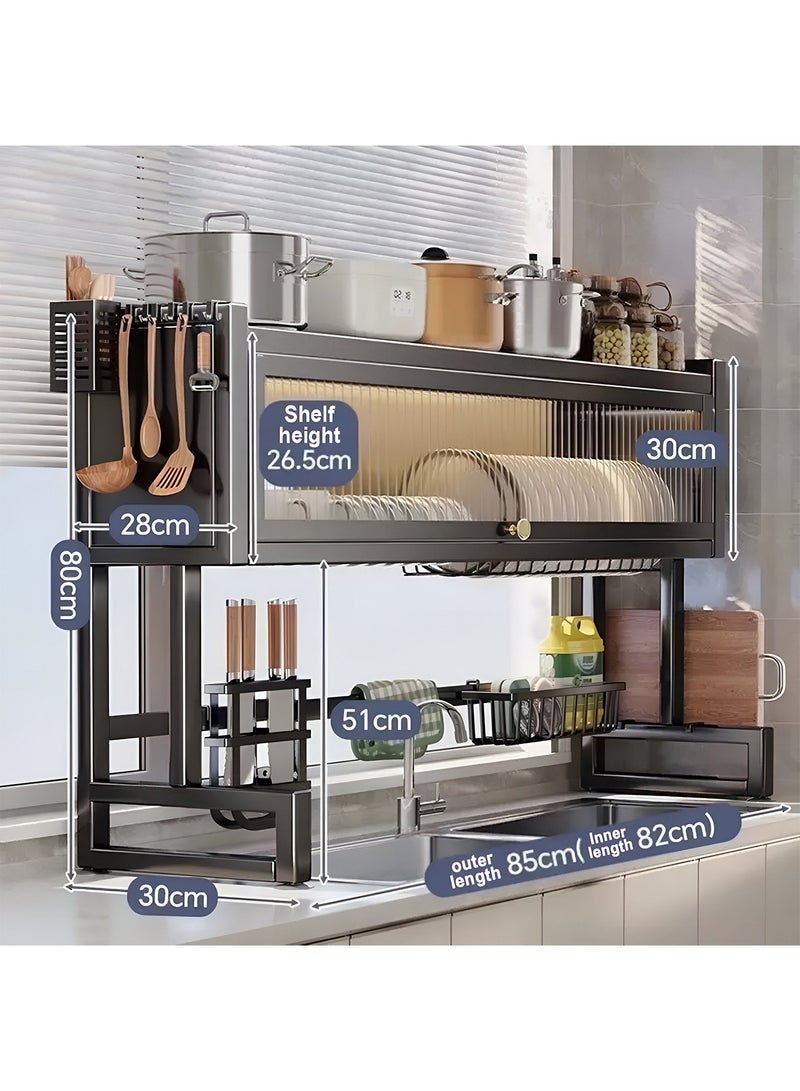 تايمي مجفف صحون - رف تجفيف الأطباق فوق الحوض بثلاثة مستويات مع غطاء - منظم مطبخ وحامل اطباق وادوات المائدة موفر للمساحة مقاس 85سم اسود - Image 1