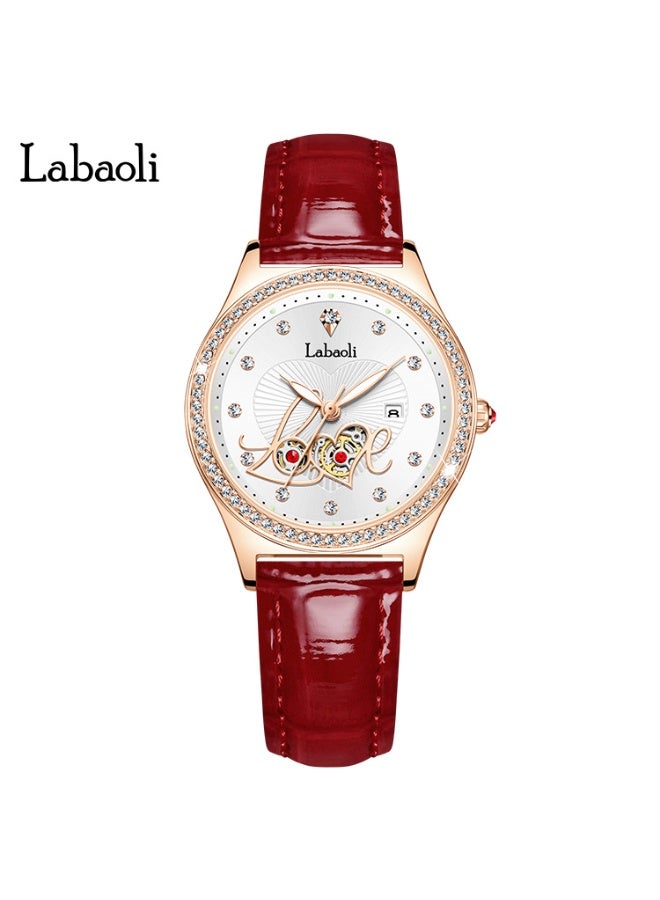 Labaoli Elegant Ladies Waterproof Luminous Wristwatch Hollow LOVE‑Pattern Dial Rose Gold Case Red Leather Band Quartz Watch - Image 1
