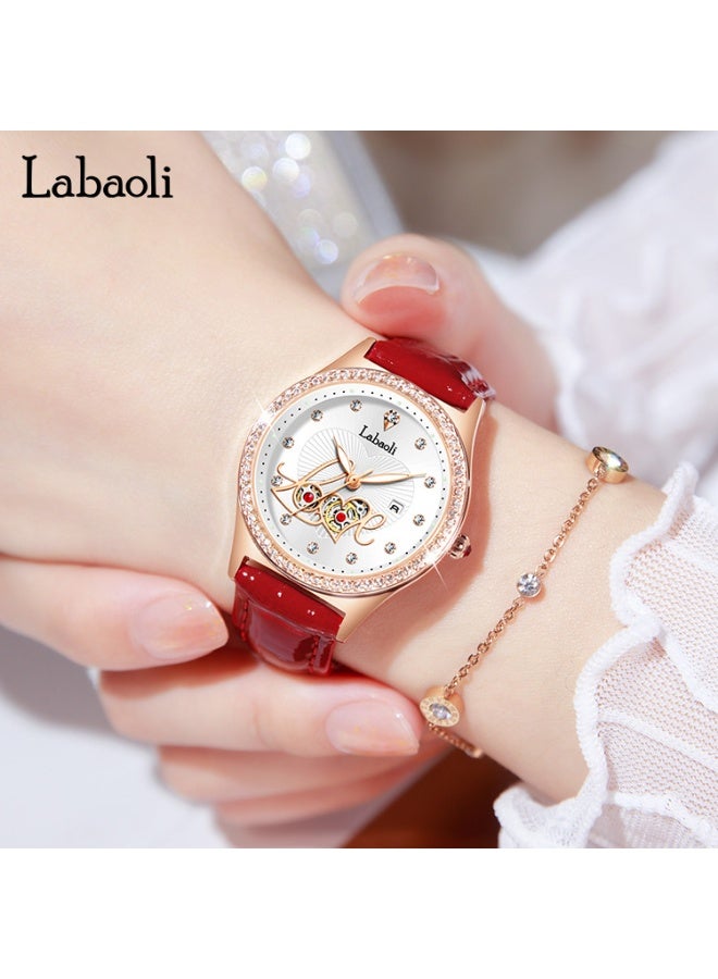 Labaoli Elegant Ladies Waterproof Luminous Wristwatch Hollow LOVE‑Pattern Dial Rose Gold Case Red Leather Band Quartz Watch - Image 2