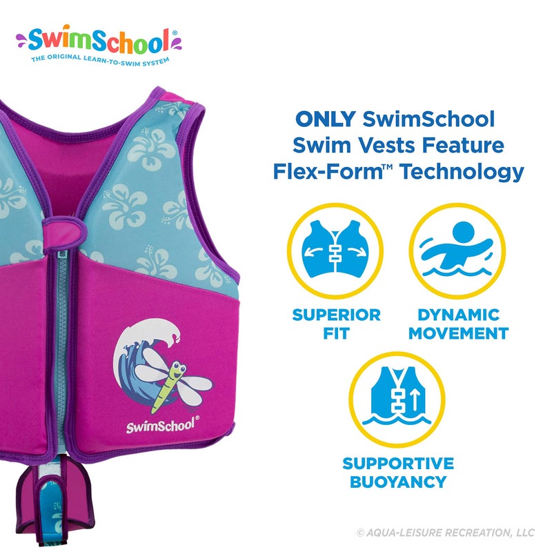 SwimSchool Swim Trainer Vest â€“ Small/Medium Max 33 Pounds â€“ Kids Swim Vest with Padded Shoulders â€“ Comfortable Flex-Form-Fit Design with Adjustable Safety Strap â€“ Pink/Aqua - Image 2