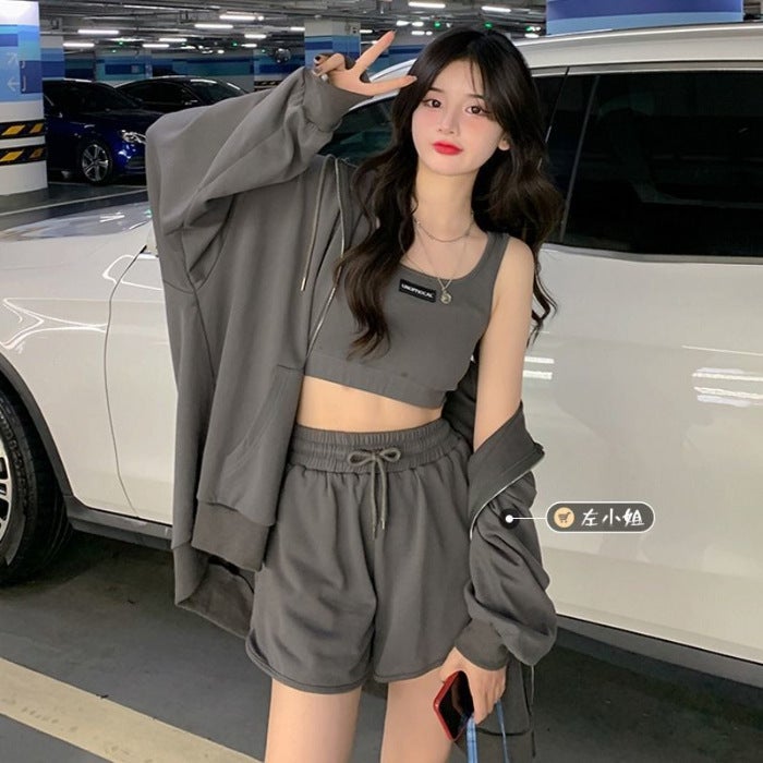 Womens Fashionable Casual Sports Suit Autumn Spring Collection Age-reducing Gym Running Sweatshirt Shorts Three-piece Set Grey
