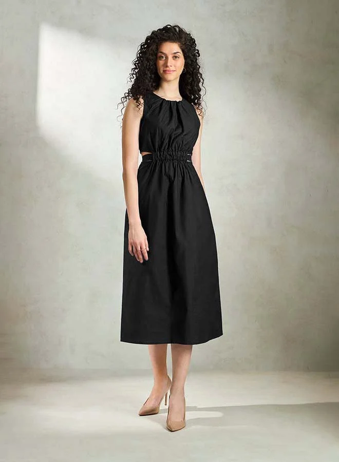 فيرجيو VIRGIO 100% Cotton Elastic Waist Cutout Midi Dress