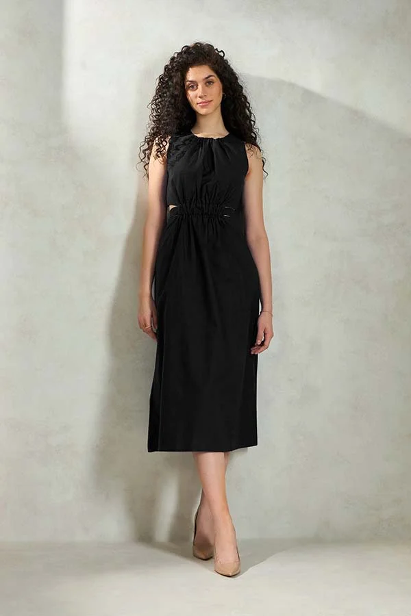فيرجيو VIRGIO 100% Cotton Elastic Waist Cutout Midi Dress