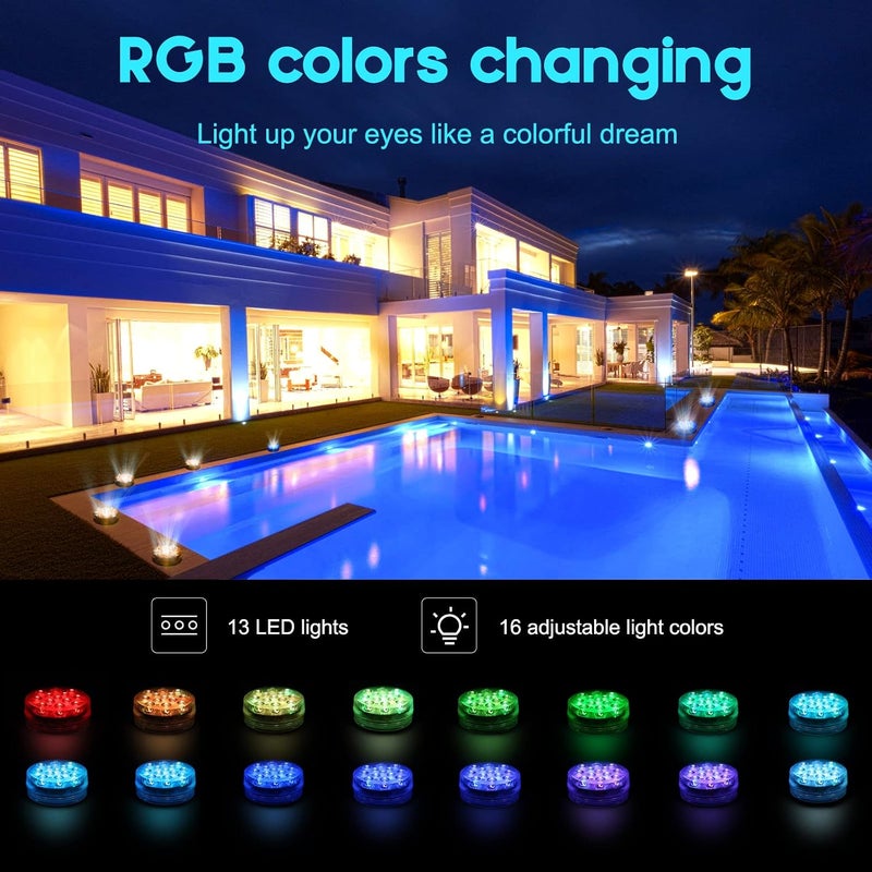 4 Pack RGB Submersible LED Lights with Remote, Suction Cups and Magnets - Image 1