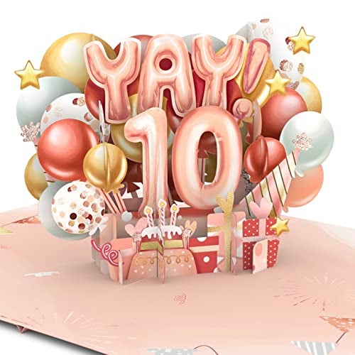 Liif Happy 10th Birthday Card, 10 Years Old Birthday Card, 3D Greeting Pop Up Birthday Card, For Girl, Granddaughter, Pink, Balloons | With Message Note & Envelop | Size 7 x 5 Inch - Image 1