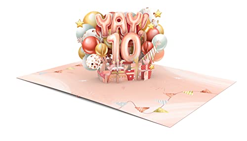 Liif Happy 10th Birthday Card, 10 Years Old Birthday Card, 3D Greeting Pop Up Birthday Card, For Girl, Granddaughter, Pink, Balloons | With Message Note & Envelop | Size 7 x 5 Inch - Image 3