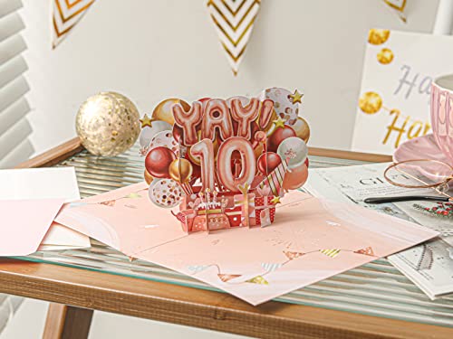 Liif Happy 10th Birthday Card, 10 Years Old Birthday Card, 3D Greeting Pop Up Birthday Card, For Girl, Granddaughter, Pink, Balloons | With Message Note & Envelop | Size 7 x 5 Inch - Image 2