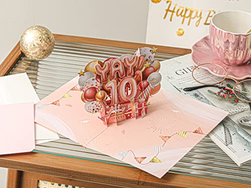 Liif Happy 10th Birthday Card, 10 Years Old Birthday Card, 3D Greeting Pop Up Birthday Card, For Girl, Granddaughter, Pink, Balloons | With Message Note & Envelop | Size 7 x 5 Inch - Image 5