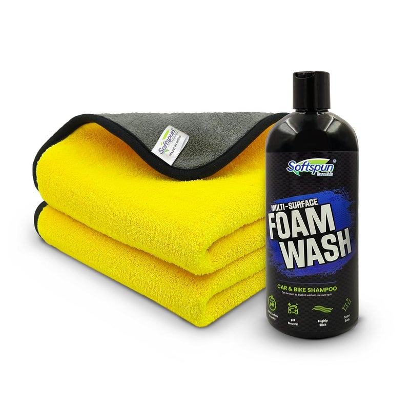 SOFTSPUN Microfiber 900gsm 2pcs 40x40cm Yellow+Grey + 500mL Car & Bike Premium Liquid Shampoo Combo | Extra Suds, Removes Tough Dirt & Grime | pH Neutral | Works with Bucket & Foam Cannon - Image 1