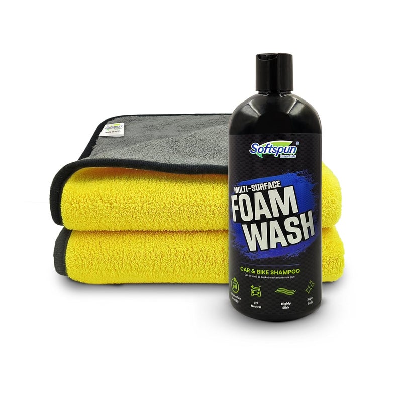 SOFTSPUN Microfiber 900gsm 2pcs 40x40cm Yellow+Grey + 500mL Car & Bike Premium Liquid Shampoo Combo | Extra Suds, Removes Tough Dirt & Grime | pH Neutral | Works with Bucket & Foam Cannon - Image 2