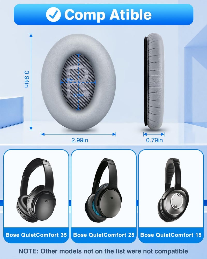 Link Dream Bose Quiet Comfort 35 Replacemen Ear Cushions Kit by Soft Protein Leather Replacement Ear Pad for Bose QC 35/25 / 15 QC2 / Ae2 / Ae2i / Ae2W / Sound Link/Sound True (Grey) - Image 2