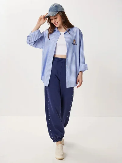 Happiness İstanbul ISTANBUL Oversized Striped Poplin Shirt with Embroidery