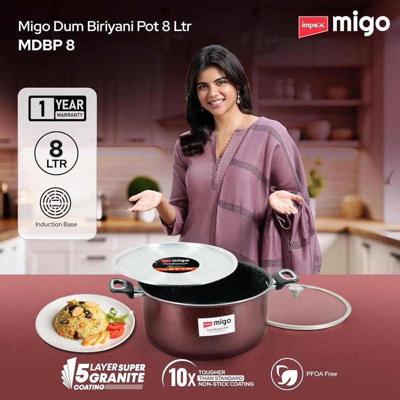 Impex وعاء برياني غير لاصق من الجرانيت سعة 8 لتر مع غطاء دُم إضافي من الفولاذ المقاوم للصدأ ووعاء برياني من الألمنيوم مع طلاء جرانيت فائق 5 طبقات وقاعدة تعمل على الغاز والحث ومقابض مطلية بالكروم وضمان لمدة سنة - Image 2