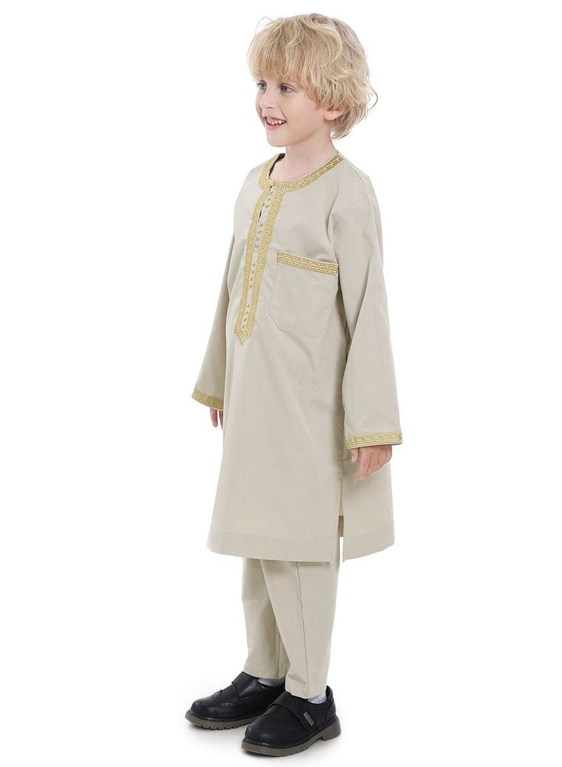 إسكدنيا Boy's Muslim Clothing Kaftan Set Middle East Youth Embroidered Robe Suit Round Neck Islamic Dress Arabic Wear Beige  - Image 2