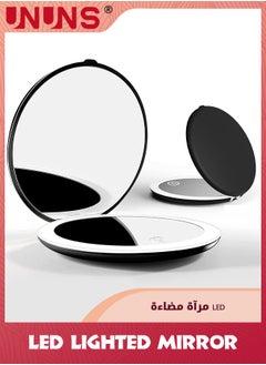 UNUNS LED Lighted Mirror,1X/10X Magnification Compact Mirror Travel Makeup Mirror,Illuminated Folding Mirror,Handheld 2-Sided Mirror,Portable Folding Mirror For Pocket,Black  - Image 1