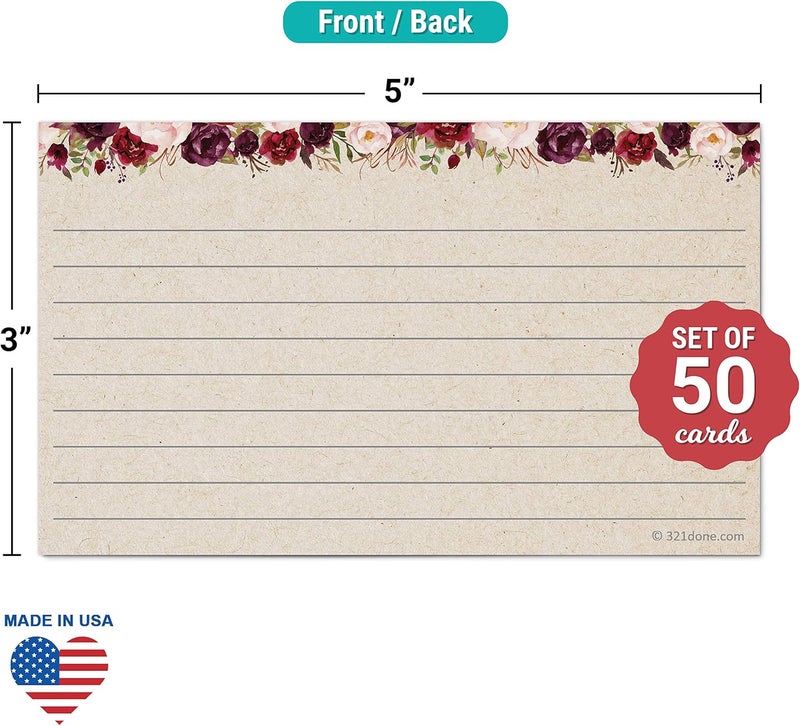 321Done Floral Ruled Index Cards - Made in USA - Small 3x5 (Set of 50), Narrow-Ruled Lined Notecards Double-Sided, Thick Heavy Duty Cardstock, Cute Pretty Flowers Red Roses Rustic Kraft Tan Notes - Image 2