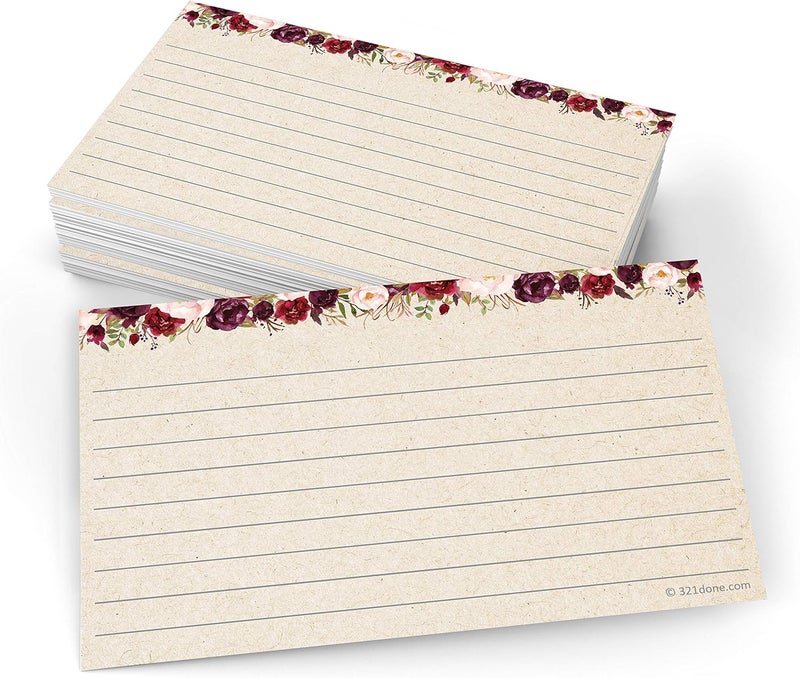 321Done Floral Ruled Index Cards - Made in USA - Small 3x5 (Set of 50), Narrow-Ruled Lined Notecards Double-Sided, Thick Heavy Duty Cardstock, Cute Pretty Flowers Red Roses Rustic Kraft Tan Notes - Image 1