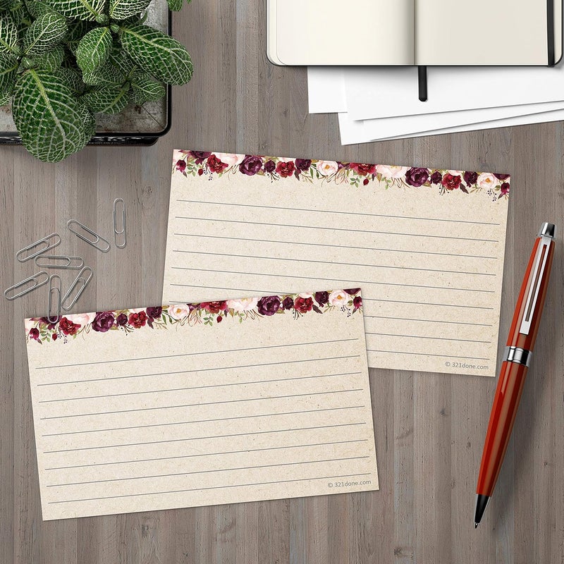 321Done Floral Ruled Index Cards - Made in USA - Small 3x5 (Set of 50), Narrow-Ruled Lined Notecards Double-Sided, Thick Heavy Duty Cardstock, Cute Pretty Flowers Red Roses Rustic Kraft Tan Notes - Image 3
