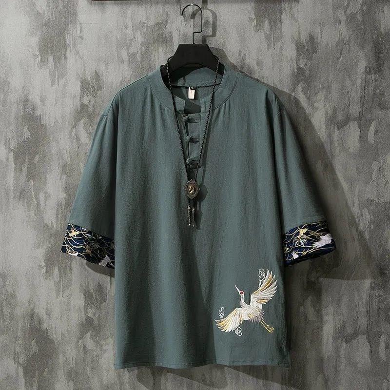 Trendy Brand Summer Chinese Style Linen Short-sleeved T-shirt Men's Trendy Youth Half-sleeved Thin Men's Cotton and Linen Base Shirt - Image 2