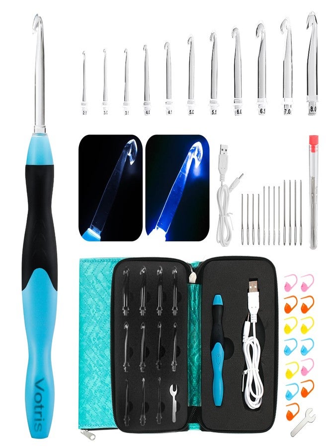 Votris Light up Crochet Hook Set - 11 in 1 Lighted Crochet Hook Set for Beginners, Ergonomic Soft Grip, Rechargeable Light, Interchangeable Heads - Ideal Crochet Hooks Kit - Image 1