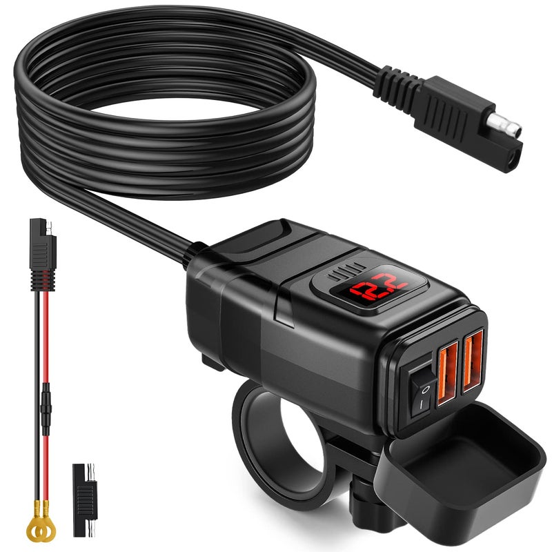 EXTRACTME Motorcycle Phone Charger, 6.8A Quick Charge 3.0 Dual USB with Voltmeter & ON/Off Switch, Waterproof Quick Disconnect SAE to USB Adapter for Phone, Tablet, GPS