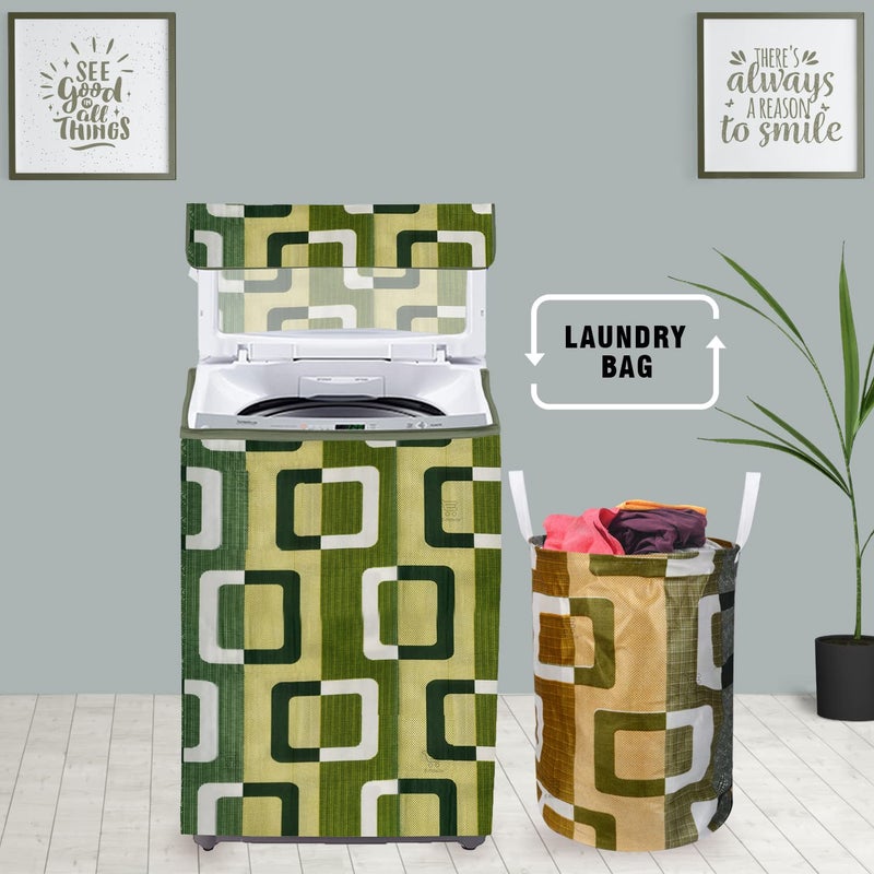 E-Retailer ERetailer Exclusive Polyester Combo Set of 1 Pc Top Load Washing Machine Cover and 1 Pc Foldable Laundry BagColorGreen Geometric Set Contains2 Pcs - Image 1
