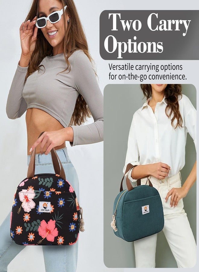 CaCTOUR Lunch Box Lunch Bag for Women Girls Teens, Cute Lunch Box Cooler Bag, Portable Small Insulated LunchBox Reusable Corduroy Lunch Tote for Work/Travel/Picnic/School (Flower) - Image 3