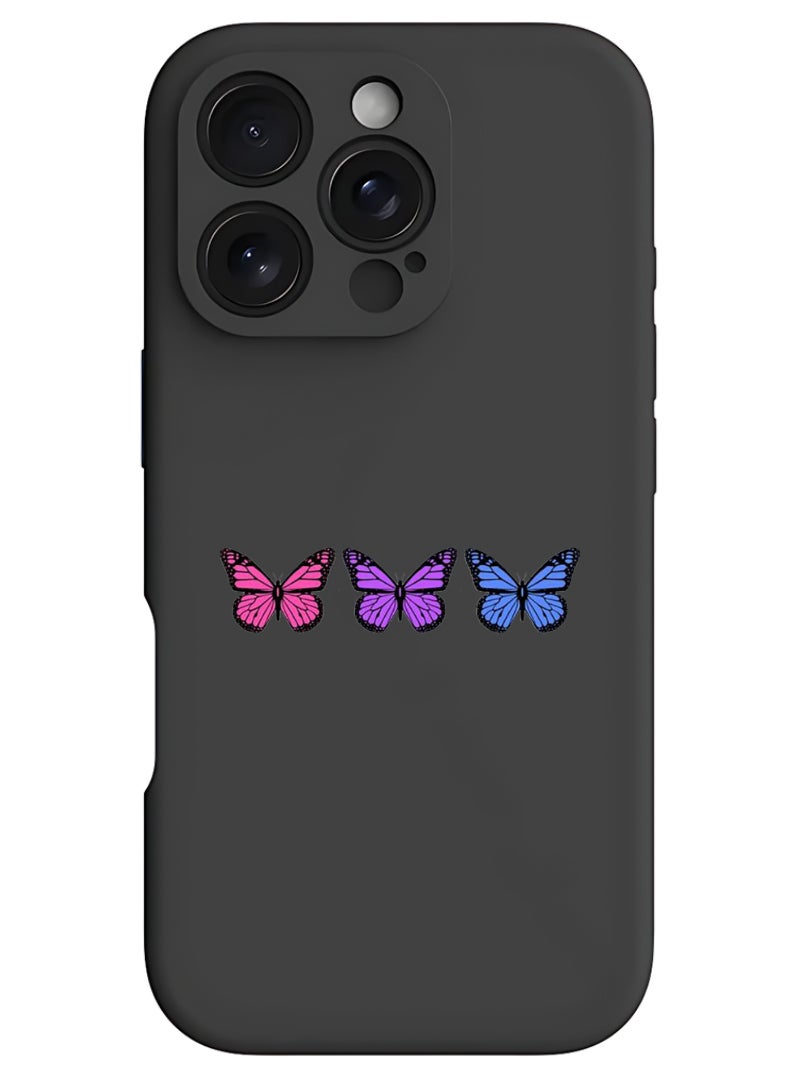 Theodor iPhone 16 Pro Max Black Protective Slim Fit Case Liquid Silicone Cover with Full Body Protection Anti-Scratch Shockproof Case For iPhone - Butterflies - Image 1