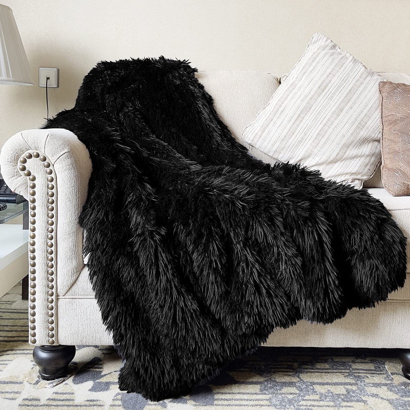 JONIYEAR Decorative Soft 28 Long Pile Fluffy Faux Fur Throw Blanket 50 x 60 Solid Luxury Fuzzy Plush Blanket for Couch Sofa Bed Accent Cozy Shaggy Lightweight Blankets for PetThickWarm Black