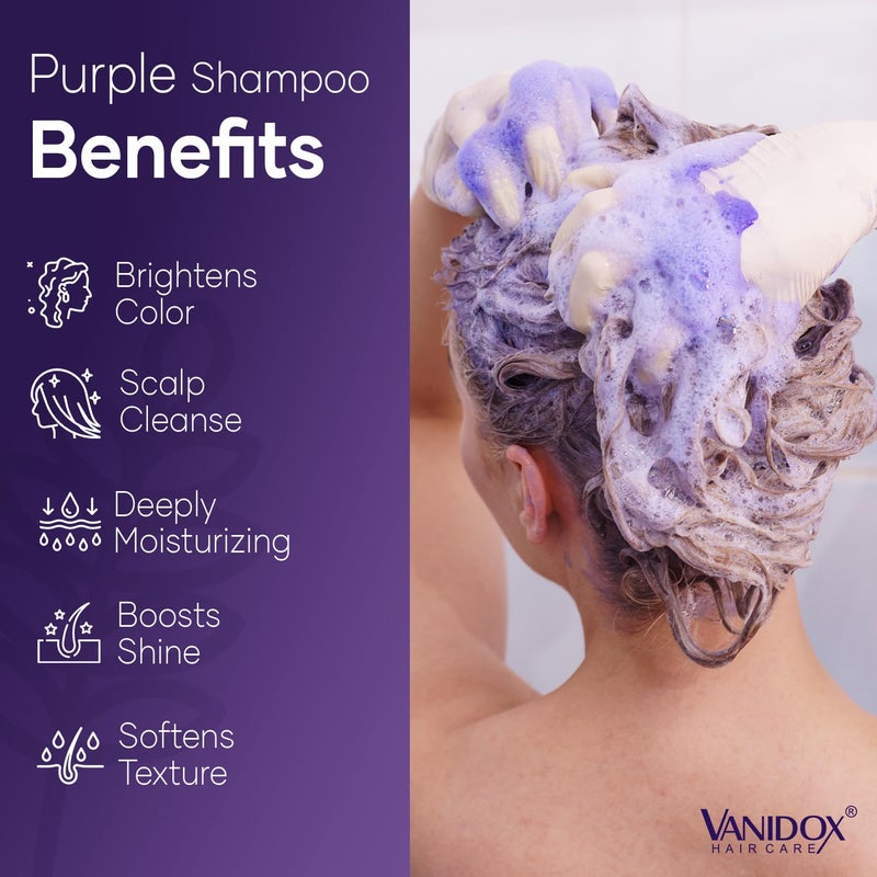 VANIDOX Brass Toning Purple Shampoo for Grey and Silver Hair, Infused with Purple Pigment, Sulfate Free Shampoo for Gray and Silver Hair (16 fl oz) - Image 3