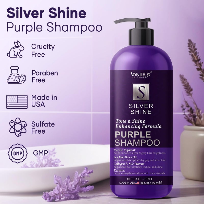 VANIDOX Brass Toning Purple Shampoo for Grey and Silver Hair, Infused with Purple Pigment, Sulfate Free Shampoo for Gray and Silver Hair (16 fl oz) - Image 2