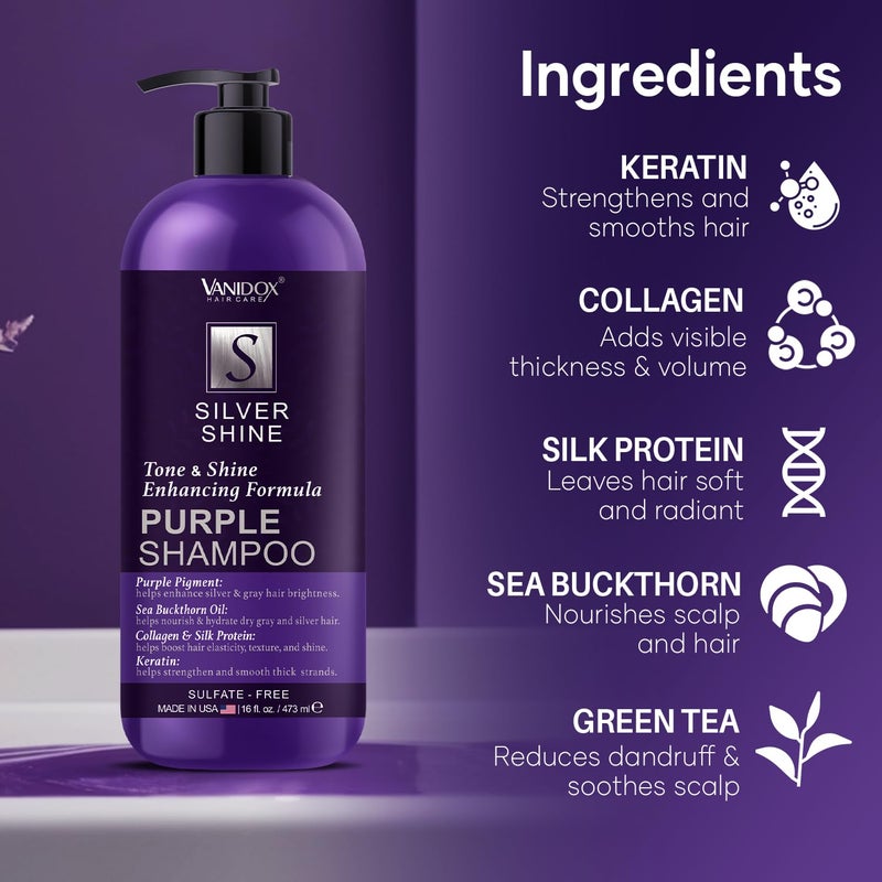 VANIDOX Brass Toning Purple Shampoo for Grey and Silver Hair, Infused with Purple Pigment, Sulfate Free Shampoo for Gray and Silver Hair (16 fl oz) - Image 4