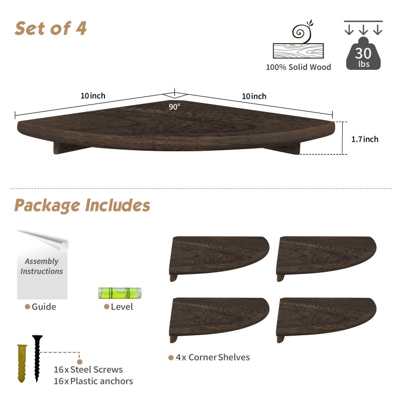 Forbena Floating Corner Shelves for Wall Set of 4, Small Corner Bookshelf for Bedroom Books, Round Wooden Corner Shelf Wall Mount for Bathroom Plants, Kitchen, Living Room Decor (Dark Brown) - Image 2