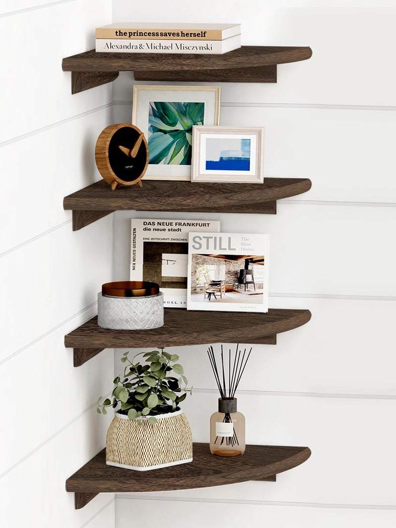 Forbena Floating Corner Shelves for Wall Set of 4, Small Corner Bookshelf for Bedroom Books, Round Wooden Corner Shelf Wall Mount for Bathroom Plants, Kitchen, Living Room Decor (Dark Brown) - Image 1