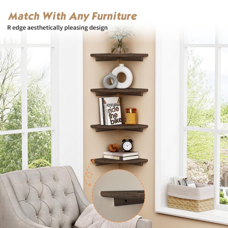 Forbena Floating Corner Shelves for Wall Set of 4, Small Corner Bookshelf for Bedroom Books, Round Wooden Corner Shelf Wall Mount for Bathroom Plants, Kitchen, Living Room Decor (Dark Brown) - Image 5