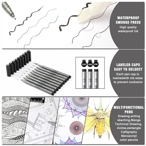 Brusarth Precision Black Micro-Pen Fineliner Ink Pens, Waterproof Archival Ink, Drawing Pen, Artist Illustration Pens, Multiliner, for Art Watercolor, Sketching, Anime, Manga, Design, 9/Set(Black) - Image 4